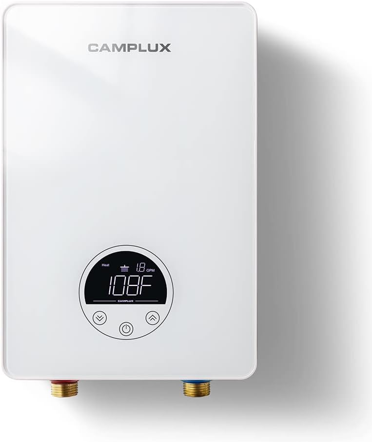 Camplux Tankless Water Heater Electric 6kW at 240 Volts, Instant Water Heater Under Sink Self Modulating Technology, White