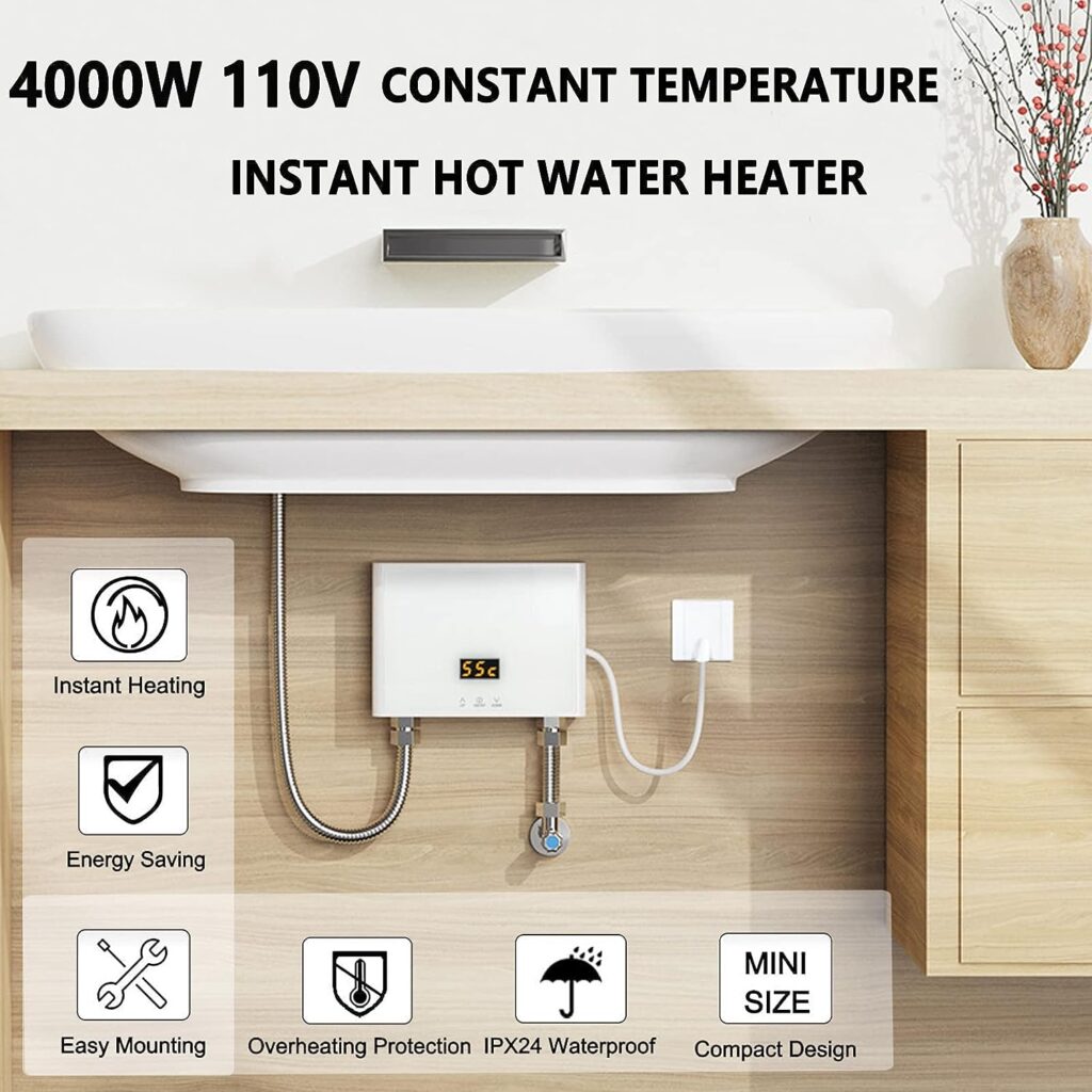 FMATOZ Mini Electric Tankless Water Heater 4000W 110V Constant Temperature Instant Hot Water Heater with Remote Control Digital Display On Demand Hot Water Heater for Home Kitchen Indoor