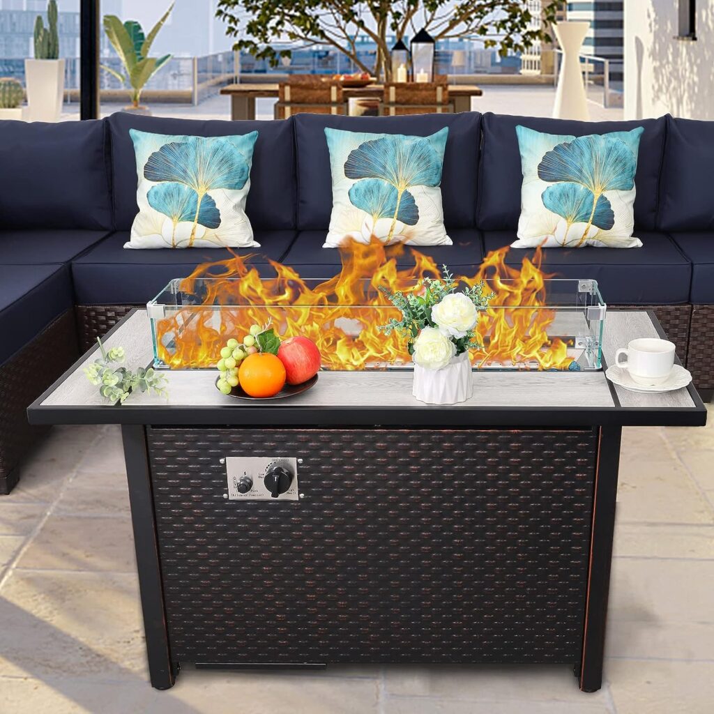 45 Inch Fire Table for Outside 60000 BTU Steel Gas Fire Pit Outdoor Fire Pit Table with Woodgrain Marble Tabletop Glass Wind Guard Cover and Blue Crystal Beads