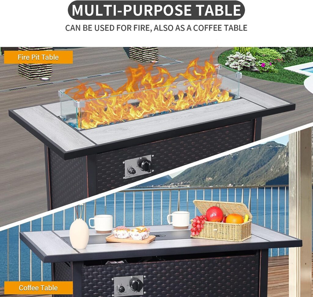 45 Inch Fire Table for Outside 60000 BTU Steel Gas Fire Pit Outdoor Fire Pit Table with Woodgrain Marble Tabletop Glass Wind Guard Cover and Blue Crystal Beads