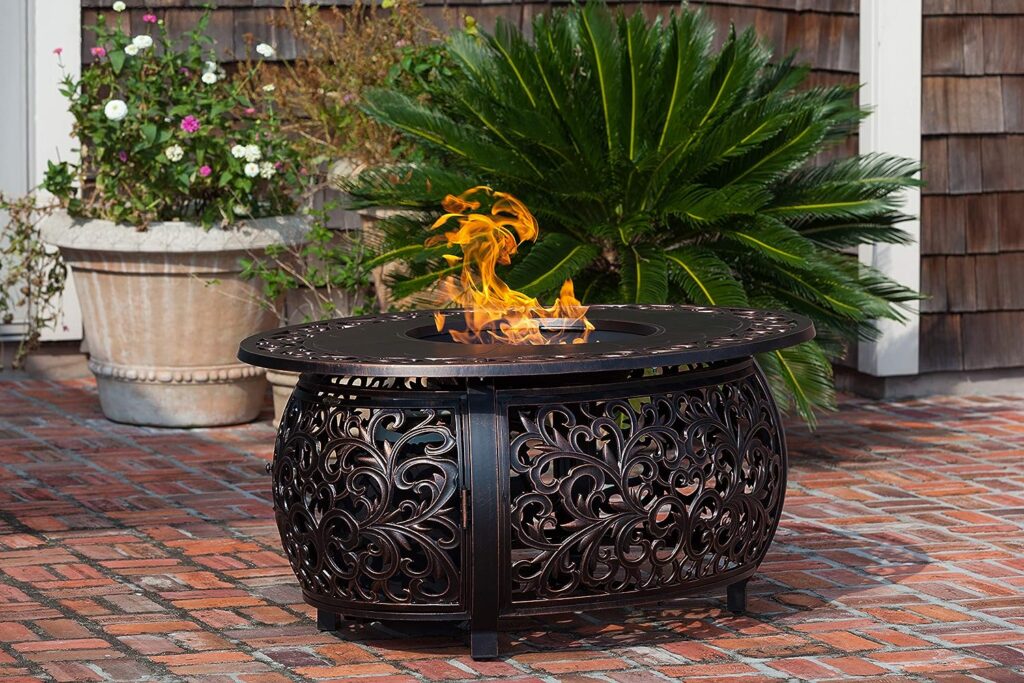 Fire Sense 62198 Toulon Filigree Aluminum Convertible Gas Fire Pit Table 55,000 BTU Outdoor Multi-Functional with Fire Bowl Lid, Nylon Weather Cover  Clear Fire Glass - Bronze Finish - Oval - 48