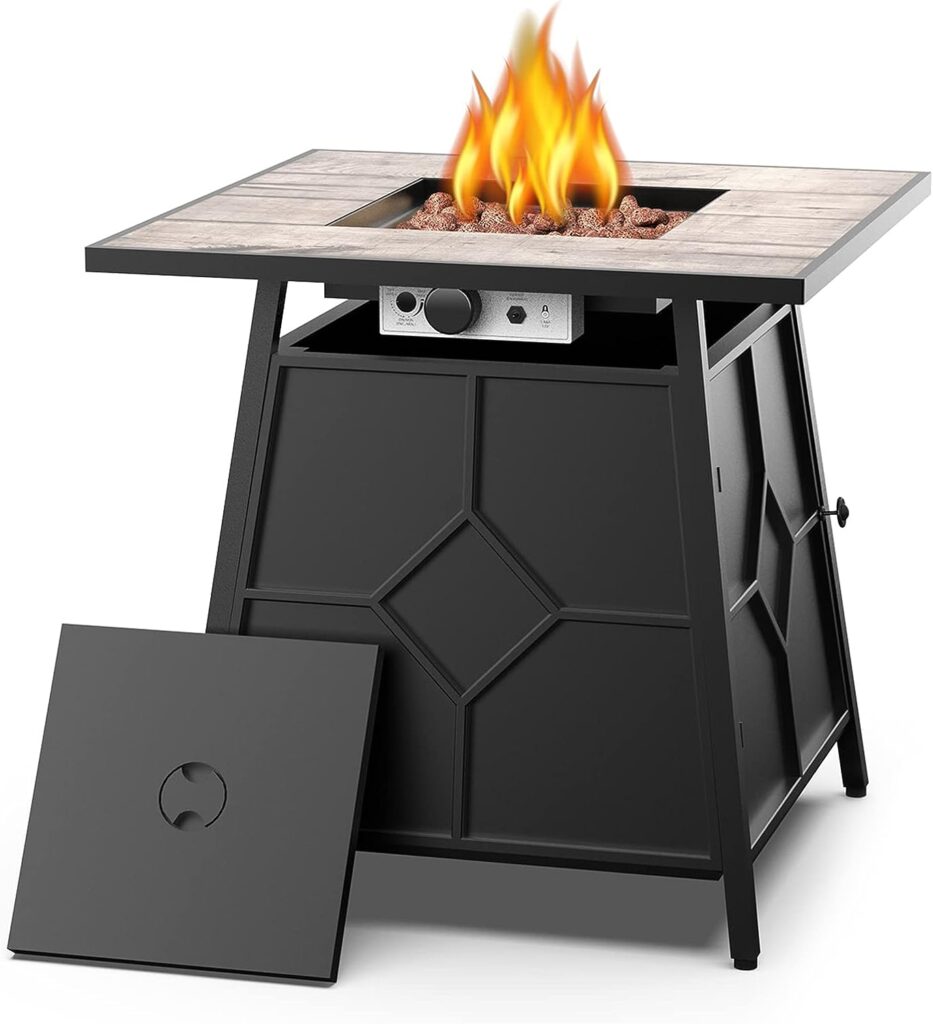 OTSUN Outdoor Patio 28 Propane Fire Pit Table, 50000 BTU Gas Fire Table with Weather Cover, Lid, and Volcanic Rock, Pulse Ignition System, Stainless Steel