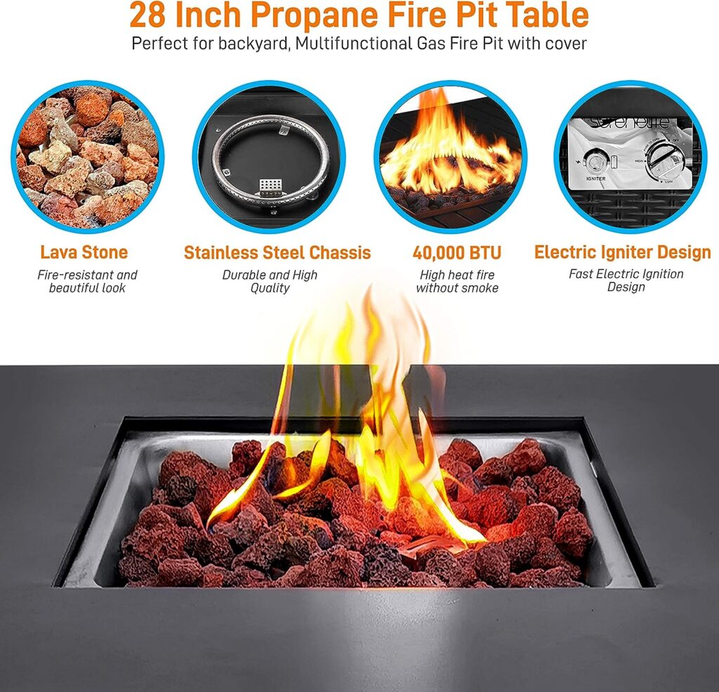 SereneLife Outdoor Propane Fire Pit Table-CSA Approved Safe 40,000 BTU Pulse Ignition Propane Gas Fire Table-28 inches-Steel Tabletop,Steel Panel