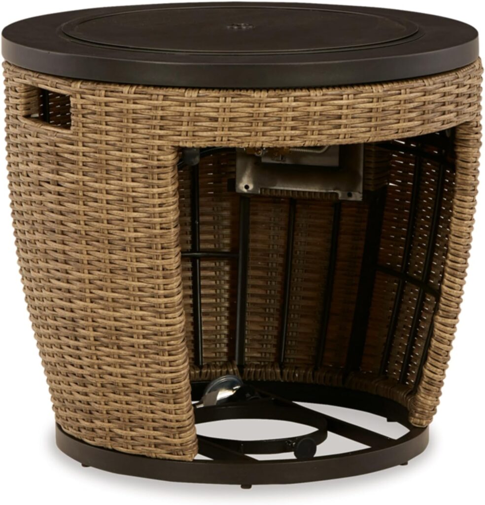 Signature Design by Ashley Malayah Casual Outdoor Resin Wicker Gas Firepit Table, Brown
