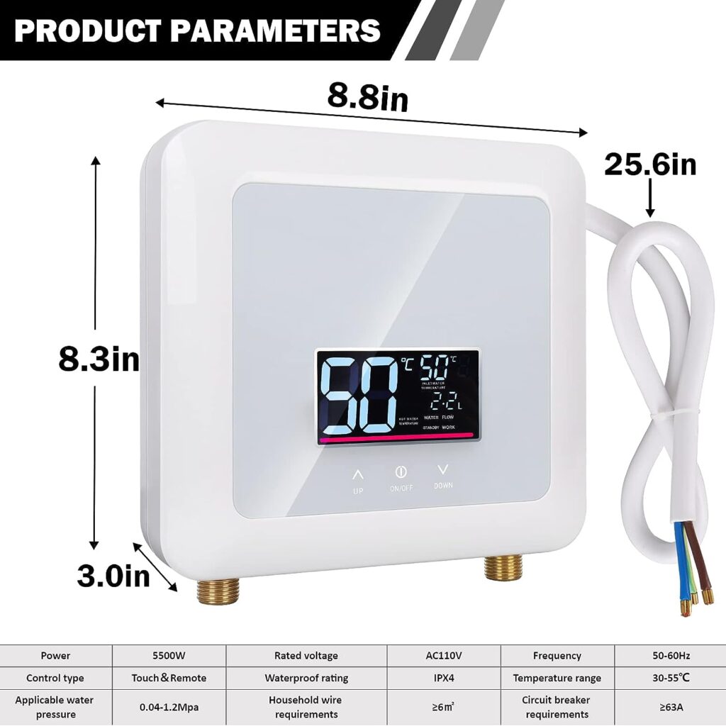 Tankless Water Heater Electric 5500W 110V,Constant Temperature Instant Hot Water Heater with Remote Control Digital Display RV water heater for Home Kitchen Indoor(White)（Cant Use Socket）
