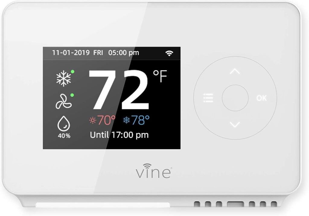 Vine Smart Wi-Fi 7 Day/8 Period Programmable Thermostat Model TJ-225B, New Generation, Compatible with Alexa and Google Assistant, Energy Star Certificate, C Wire Require, White