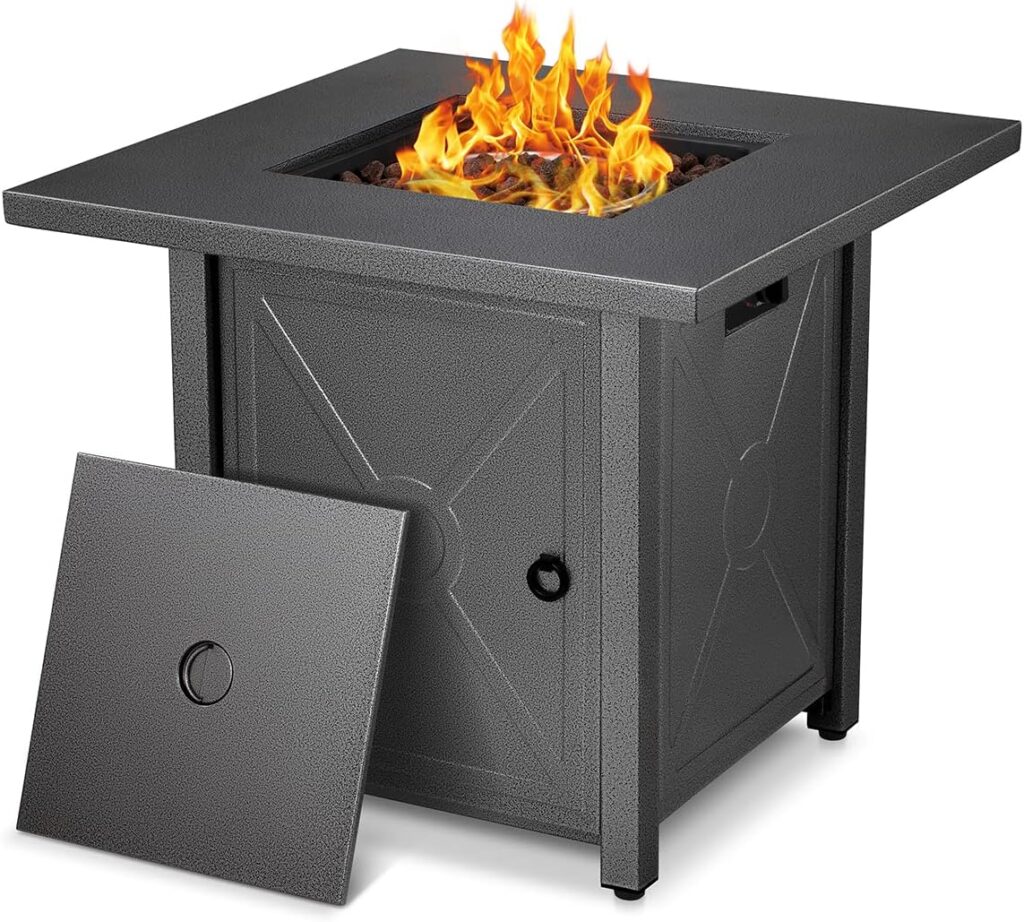 Xbeauty Propane Fire Pit Table, 28 Outdoor Gas Fire Pit Table, 40,000 BTU Auto-Ignition Fire Tables with Lid, Rain Cover and 3 Pounds Lava Stones for Outside Garden Backyard Deck Patio (Square)
