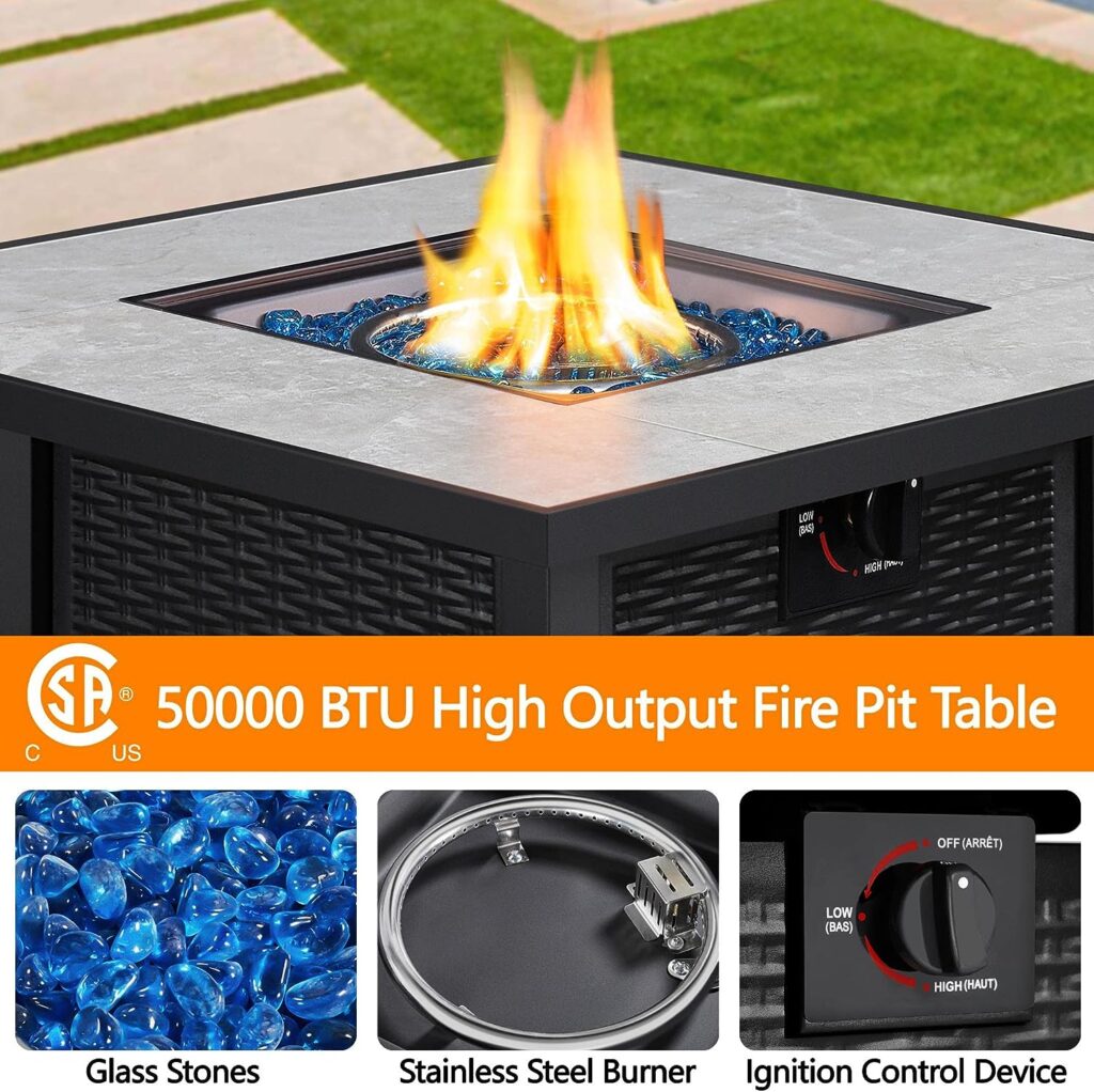 Yaheetech Fire Pit Table 30in Propane Fire Pit 50,000 BTU Square Gas Fire Pit with Ceramic Tabletop and Blue Fire Glass for Outdoor/Patio/Garden